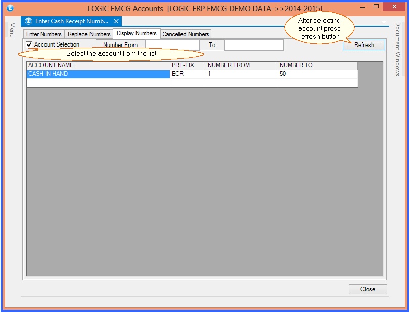 fmcg enter receipt numbers-cash receipts account selection